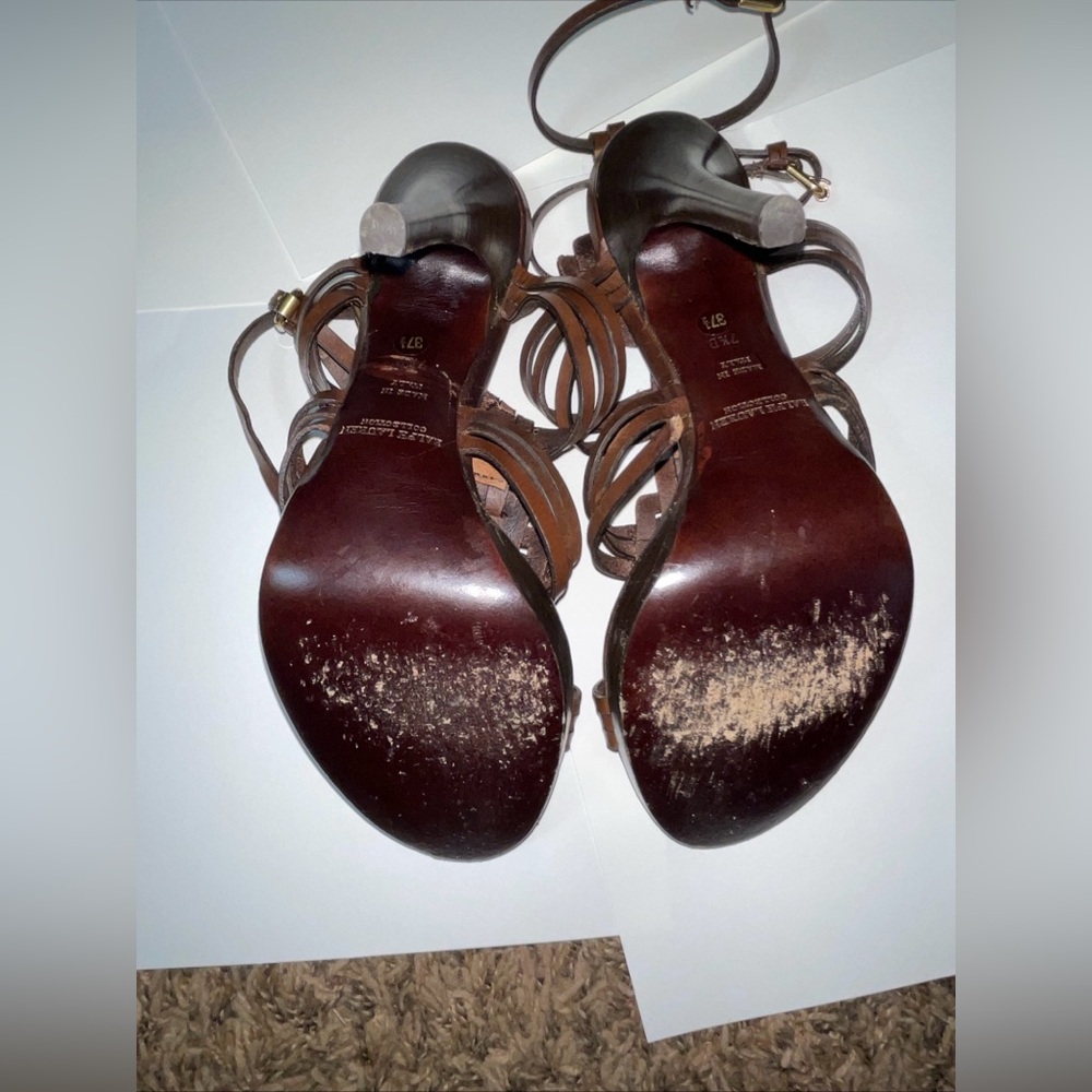 RALPH LAUREN COLLECTION PURPLE LABEL BROWN LEATHER HEELS ANKLE STRAP 7.5 ITALY - Picture 15 of 16